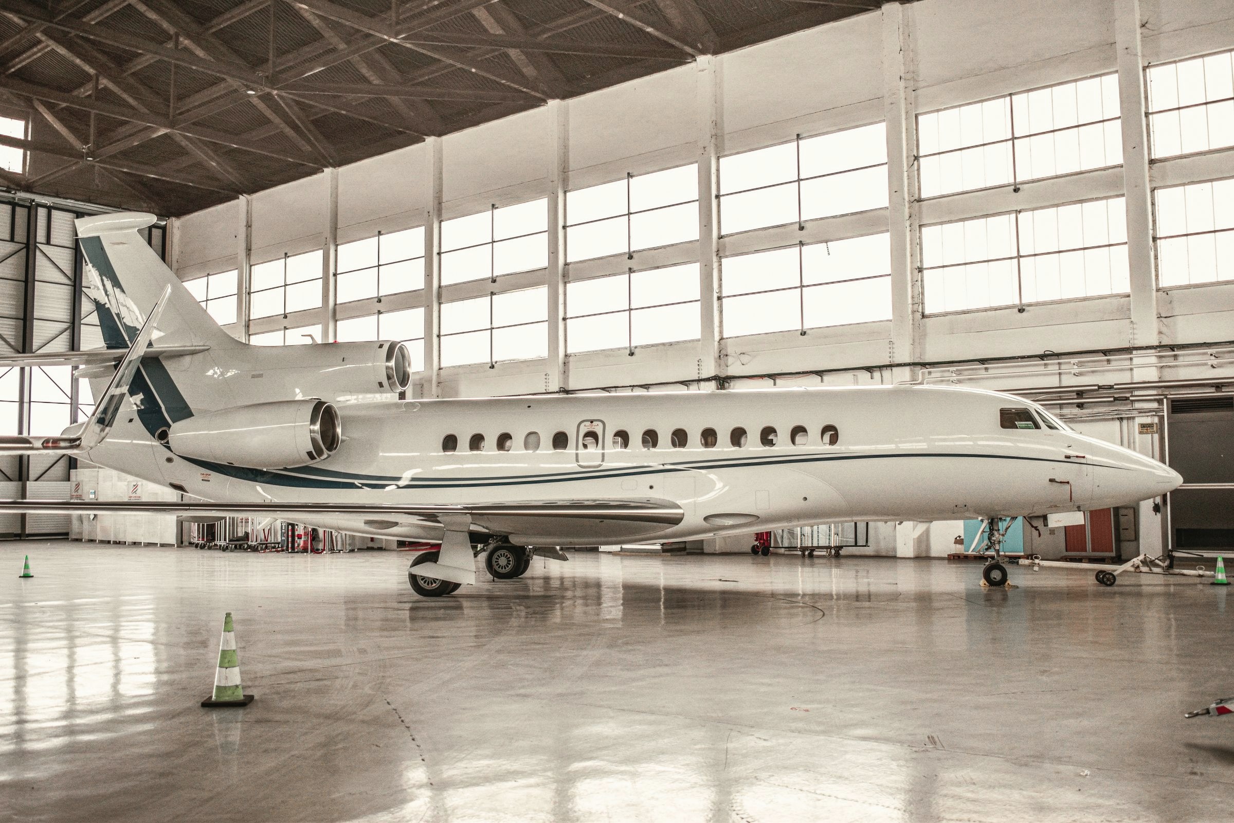 Private jet engine detail inside an FBO hangar